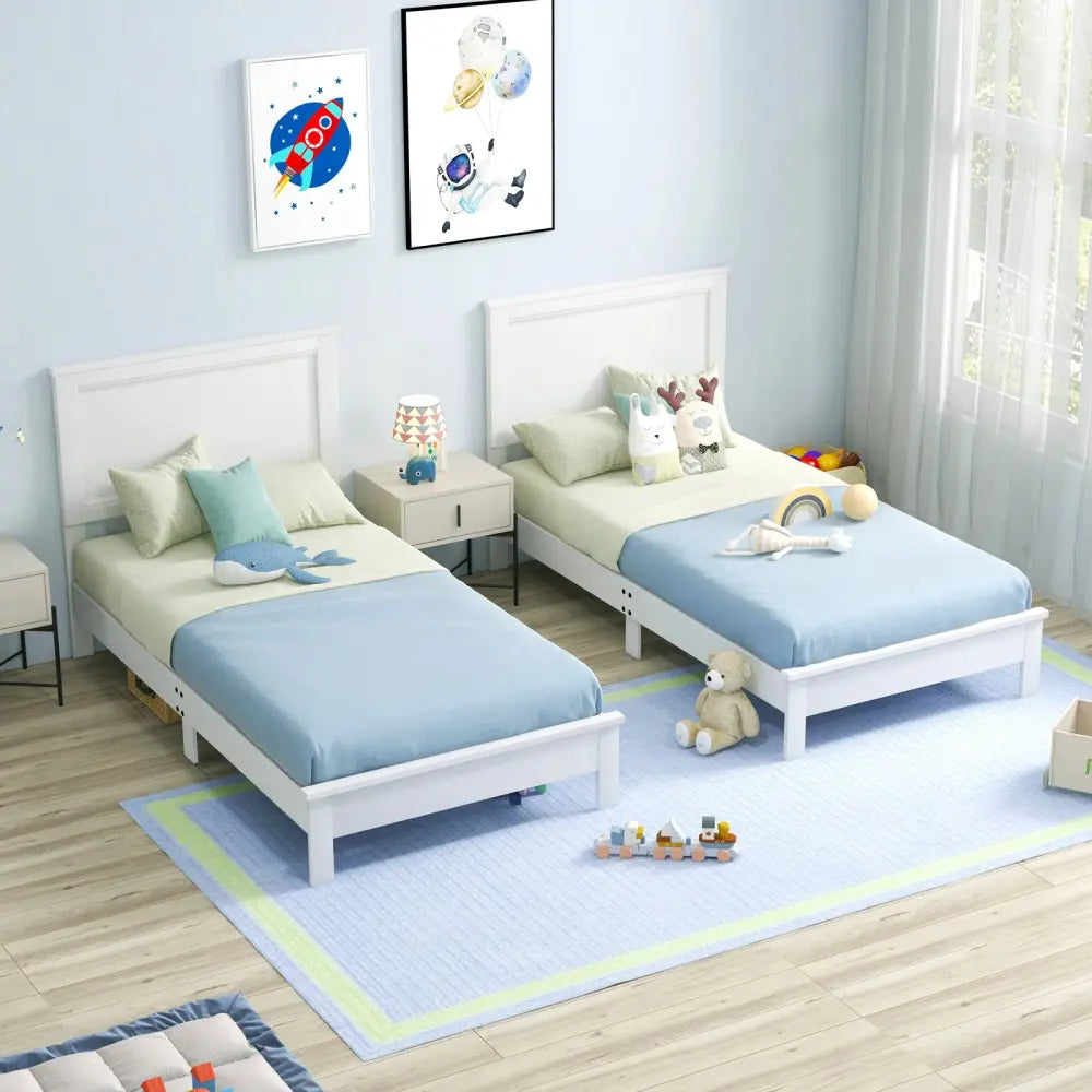 Twin Size Wooden Bed Frame with Headboard and Slat Support-White - White - Simple Bed Frame