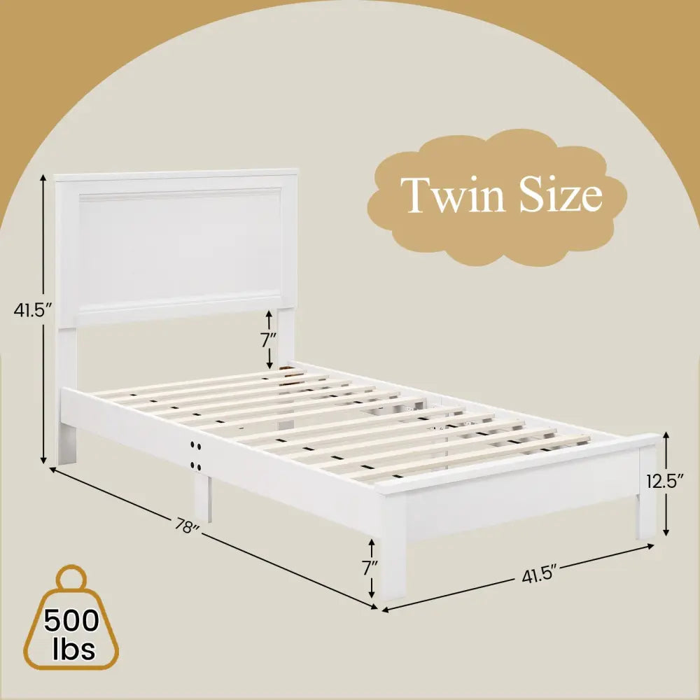 Twin Size Wooden Bed Frame with Headboard and Slat Support-White - White - Simple Bed Frame