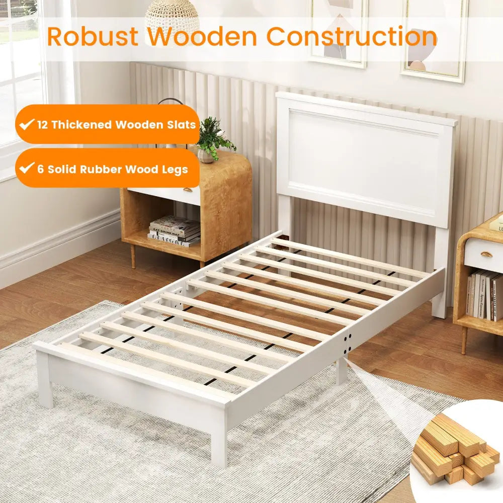 Twin Size Wooden Bed Frame with Headboard and Slat Support-White - White - Simple Bed Frame