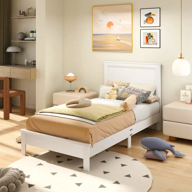 Twin Size Wooden Bed Frame with Headboard and Slat Support-White - White - Simple Bed Frame