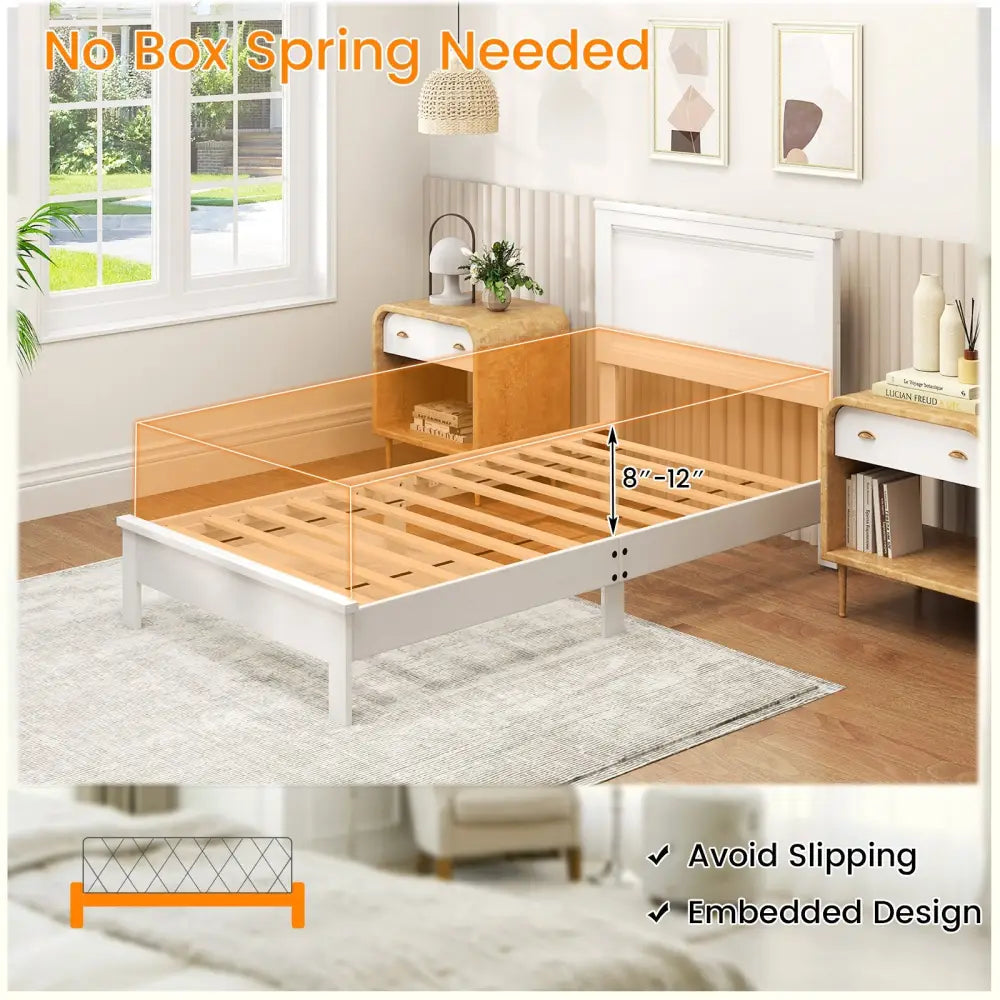 Twin Size Wooden Bed Frame with Headboard and Slat Support-White - White - Simple Bed Frame