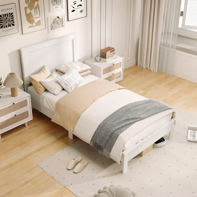 Twin Size Wooden Bed Frame with Headboard and Slat Support-White - White - Simple Bed Frame