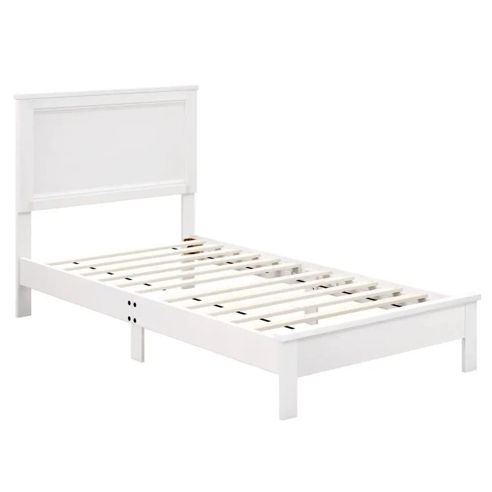 Twin Size Wooden Bed Frame with Headboard and Slat Support-White - White - Simple Bed Frame