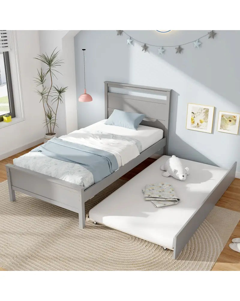 Twin Size Wooden Bed Frame with Trundle for Teens and Adults-Gray - Gray - Trundle Bed Frame