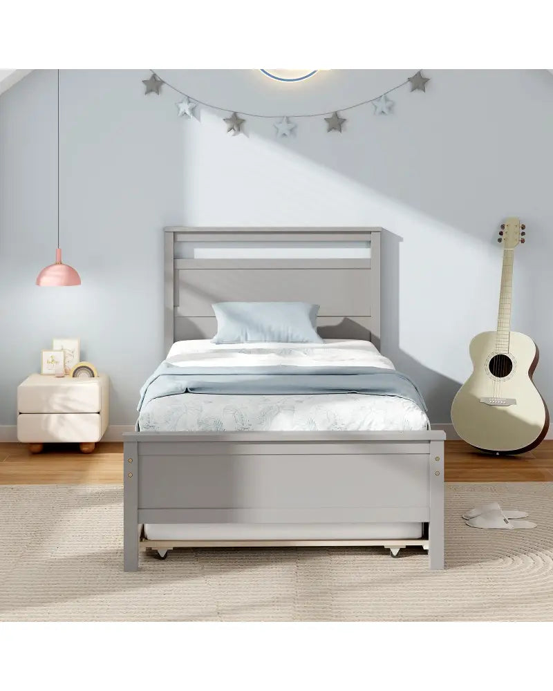 Twin Size Wooden Bed Frame with Trundle for Teens and Adults-Gray - Gray - Trundle Bed Frame