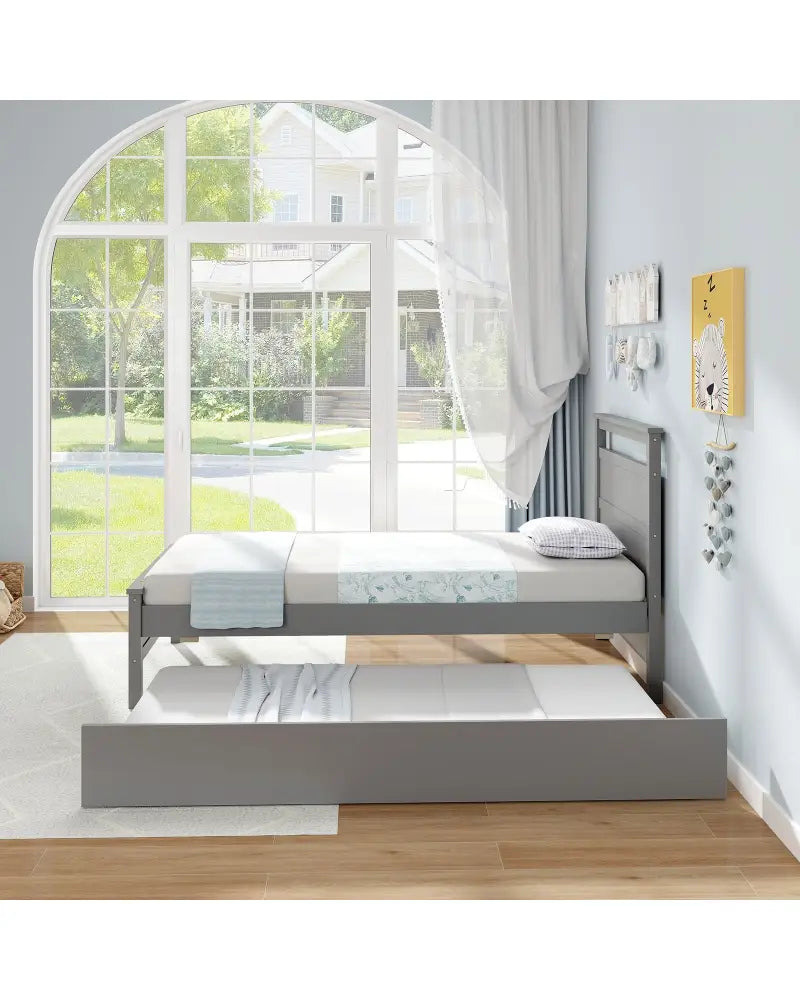 Twin Size Wooden Bed Frame with Trundle for Teens and Adults-Gray - Gray - Trundle Bed Frame