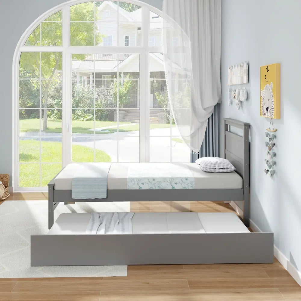 Twin Size Wooden Bed Frame with Trundle for Teens and Adults-Gray - Gray - Trundle Bed Frame