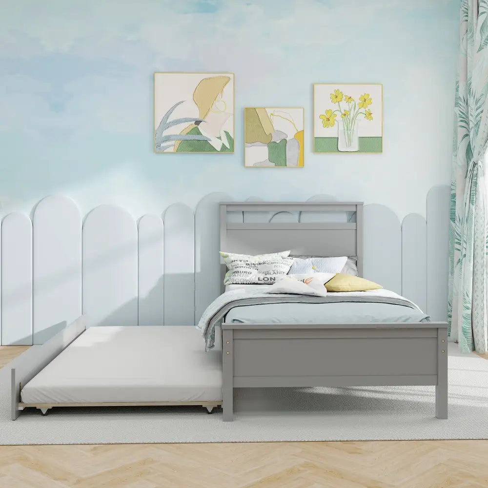 Twin Size Wooden Bed Frame with Trundle for Teens and Adults-Gray - Gray - Trundle Bed Frame