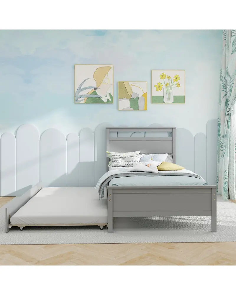 Twin Size Wooden Bed Frame with Trundle for Teens and Adults-Gray - Gray - Trundle Bed Frame