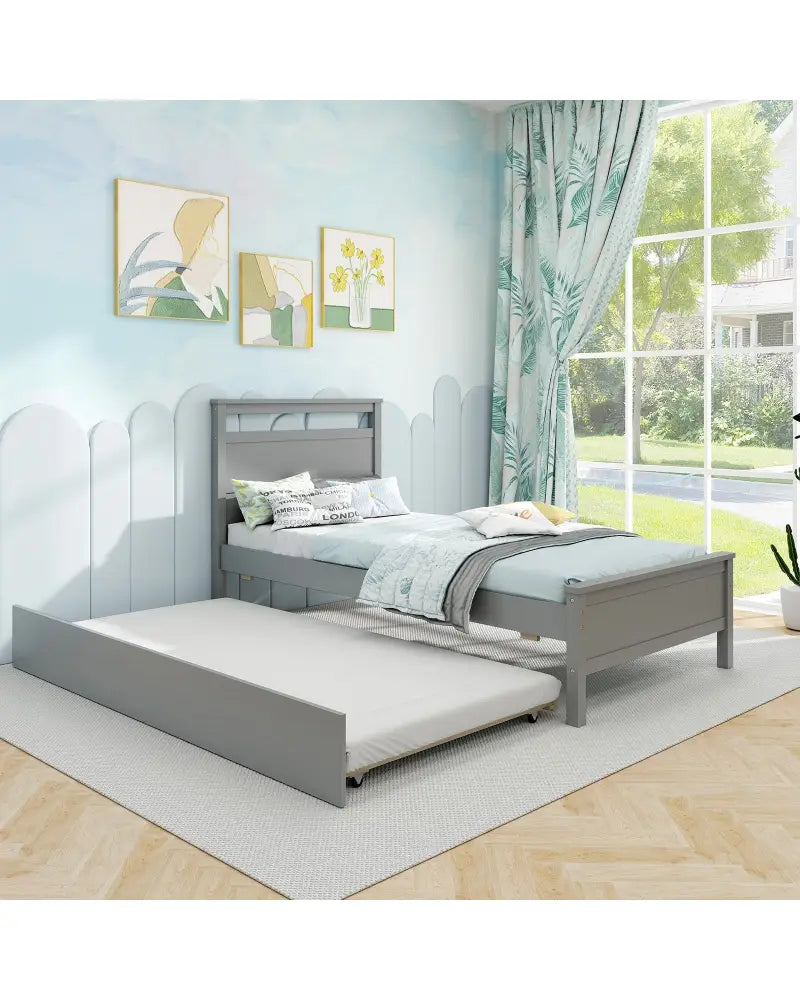Twin Size Wooden Bed Frame with Trundle for Teens and Adults-Gray - Gray - Trundle Bed Frame