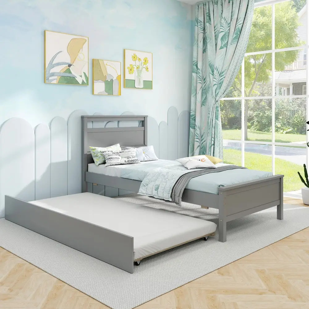 Twin Size Wooden Bed Frame with Trundle for Teens and Adults-Gray - Gray - Trundle Bed Frame