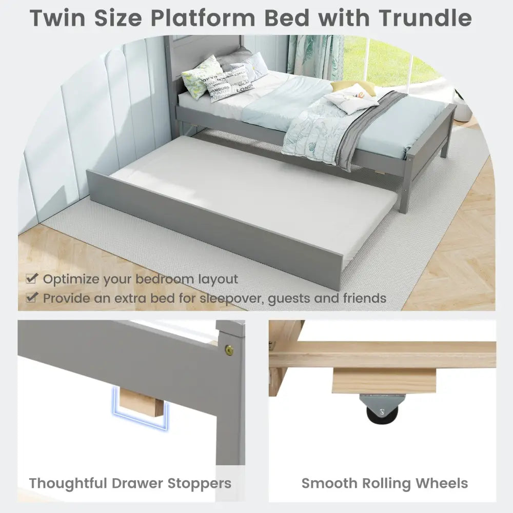 Twin Size Wooden Bed Frame with Trundle for Teens and Adults-Gray - Gray - Trundle Bed Frame