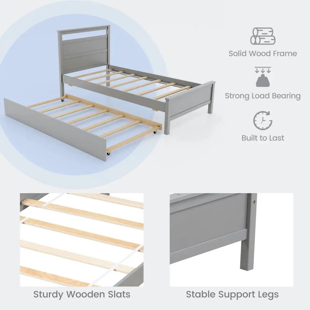Twin Size Wooden Bed Frame with Trundle for Teens and Adults-Gray - Gray - Trundle Bed Frame