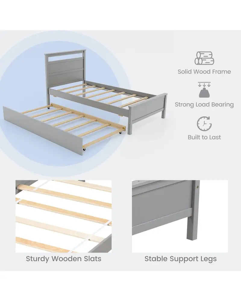 Twin Size Wooden Bed Frame with Trundle for Teens and Adults-Gray - Gray - Trundle Bed Frame