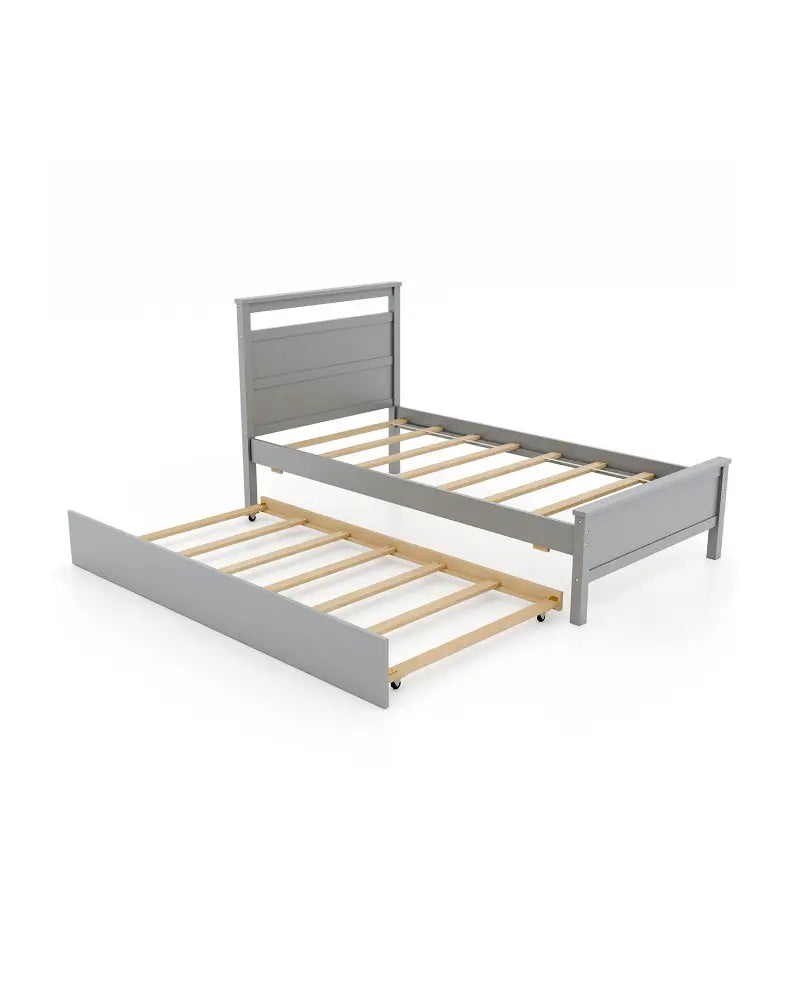 Twin Size Wooden Bed Frame with Trundle for Teens and Adults-Gray - Gray - Trundle Bed Frame
