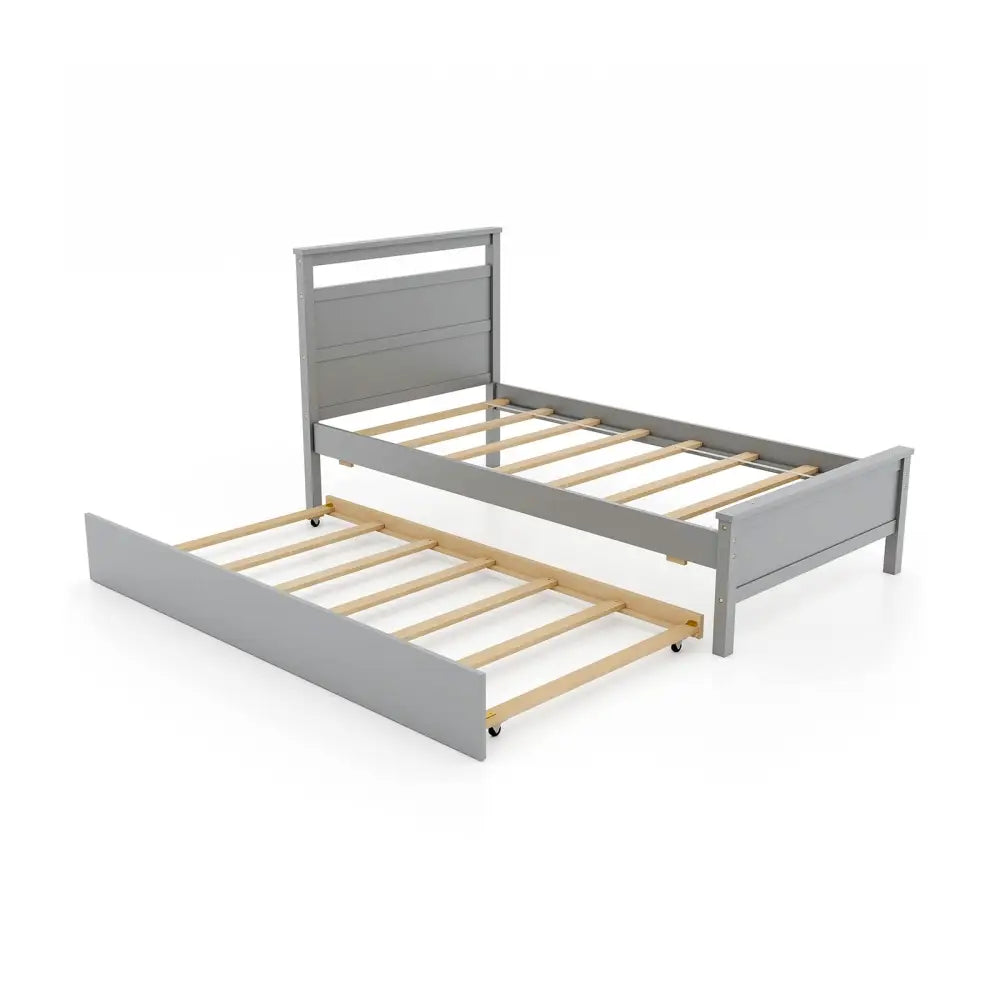 Twin Size Wooden Bed Frame with Trundle for Teens and Adults-Gray - Gray - Trundle Bed Frame