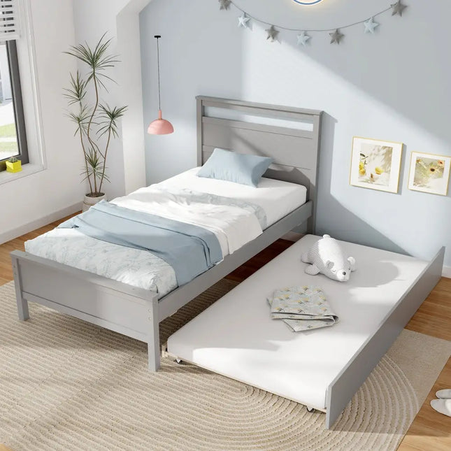 Twin Size Wooden Bed Frame with Trundle for Teens and Adults-Gray - Gray - Trundle Bed Frame