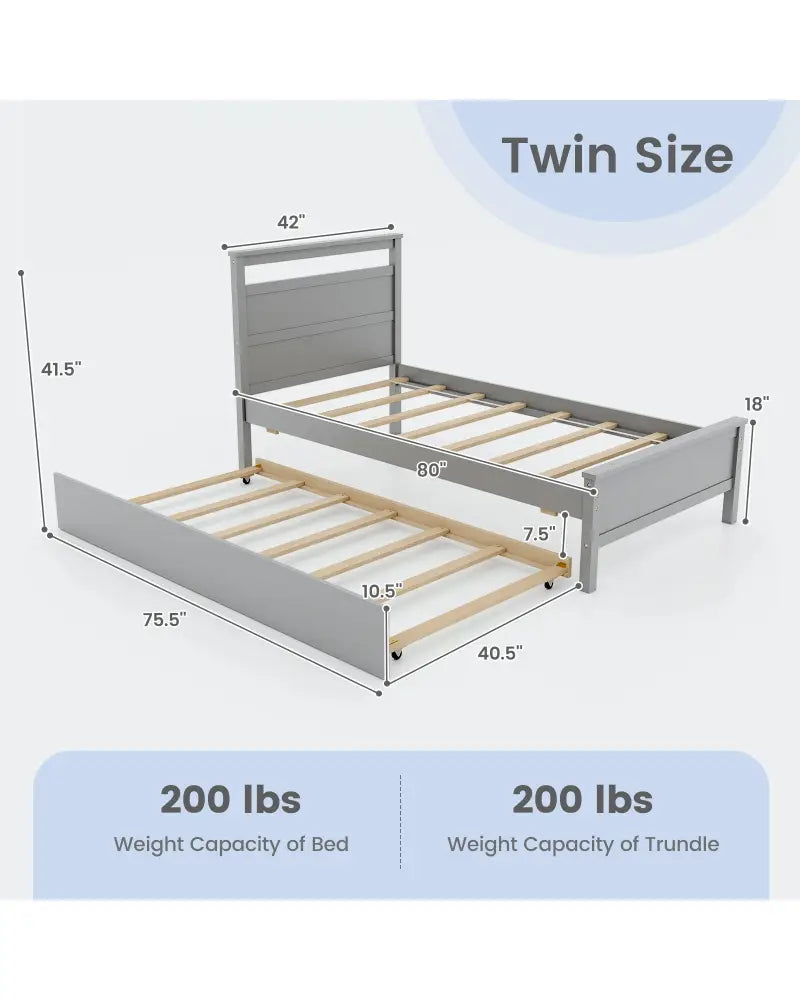 Twin Size Wooden Bed Frame with Trundle for Teens and Adults-Gray - Gray - Trundle Bed Frame