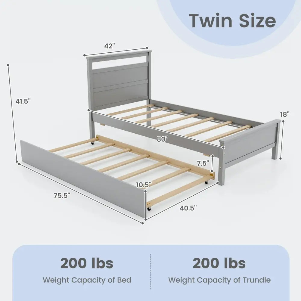 Twin Size Wooden Bed Frame with Trundle for Teens and Adults-Gray - Gray - Trundle Bed Frame