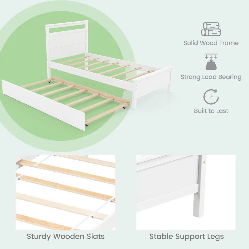 Twin Size Wooden Bed Frame with Trundle for Teens and Adults-White - White - Trundle Bed Frame