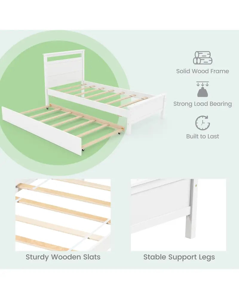 Twin Size Wooden Bed Frame with Trundle for Teens and Adults-White - White - Trundle Bed Frame
