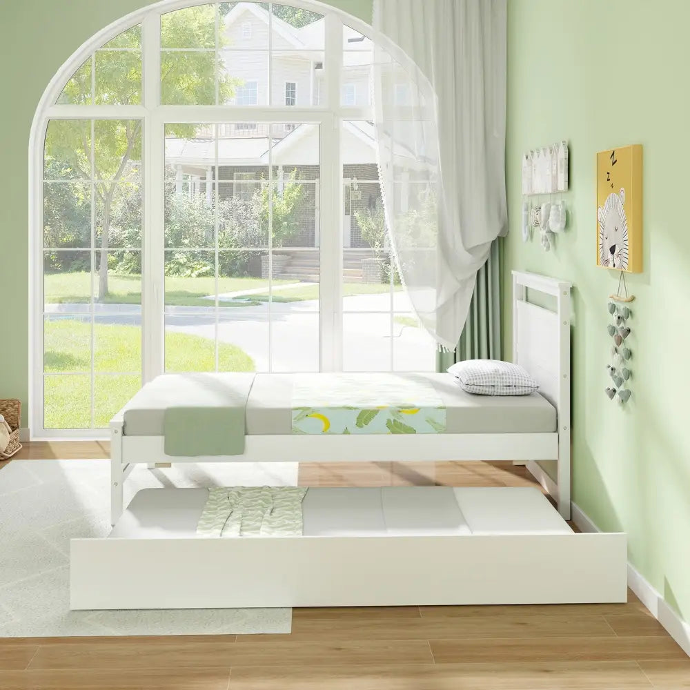 Twin Size Wooden Bed Frame with Trundle for Teens and Adults-White - White - Trundle Bed Frame
