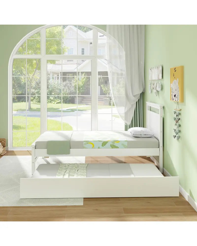 Twin Size Wooden Bed Frame with Trundle for Teens and Adults-White - White - Trundle Bed Frame
