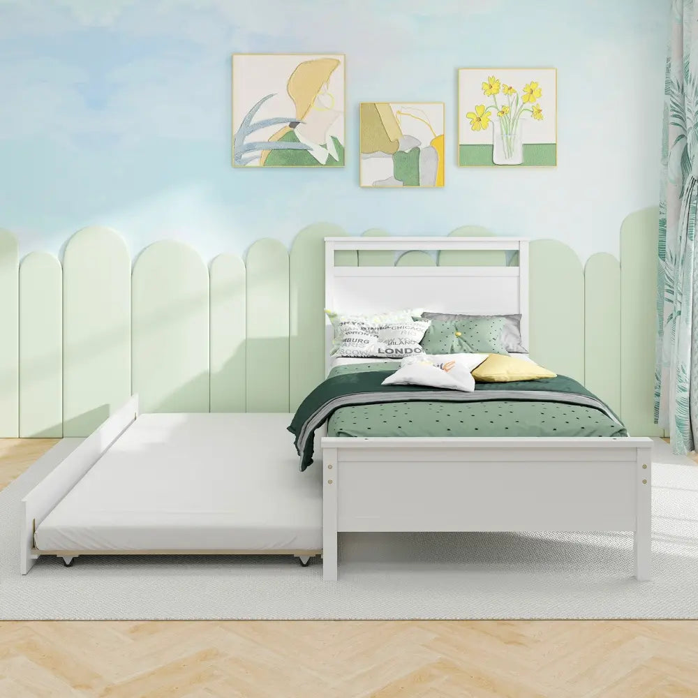 Twin Size Wooden Bed Frame with Trundle for Teens and Adults-White - White - Trundle Bed Frame