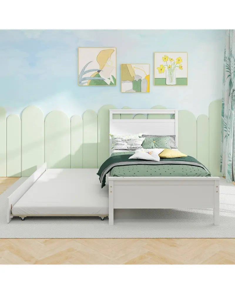 Twin Size Wooden Bed Frame with Trundle for Teens and Adults-White - White - Trundle Bed Frame
