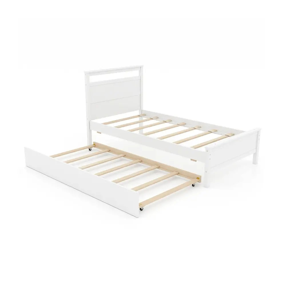 Twin Size Wooden Bed Frame with Trundle for Teens and Adults-White - White - Trundle Bed Frame