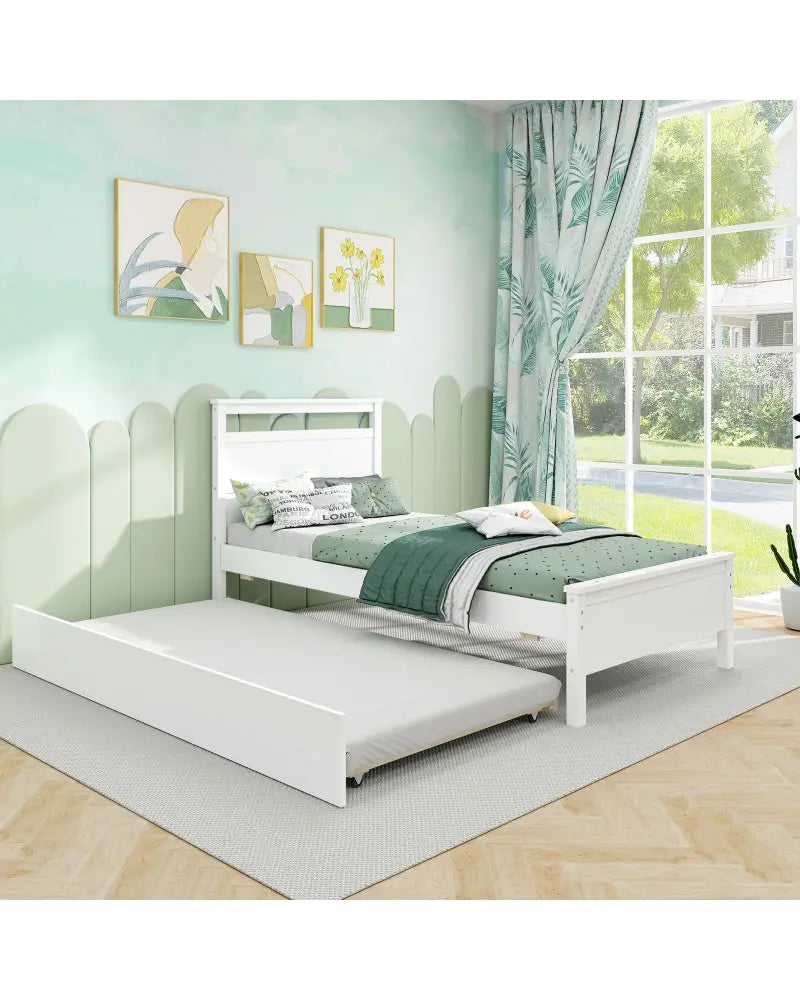 Twin Size Wooden Bed Frame with Trundle for Teens and Adults-White - White - Trundle Bed Frame