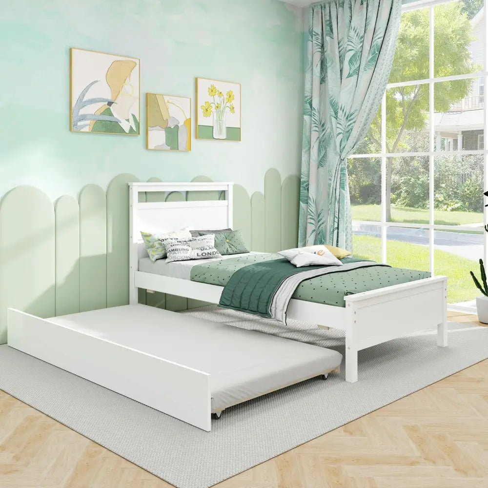 Twin Size Wooden Bed Frame with Trundle for Teens and Adults-White - White - Trundle Bed Frame