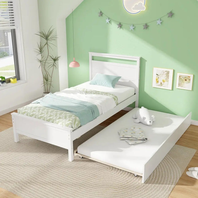 Twin Size Wooden Bed Frame with Trundle for Teens and Adults-White - White - Trundle Bed Frame