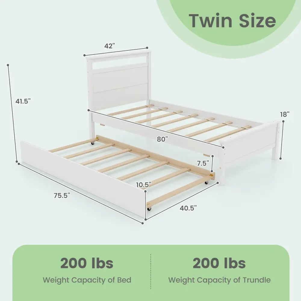 Twin Size Wooden Bed Frame with Trundle for Teens and Adults-White - White - Trundle Bed Frame