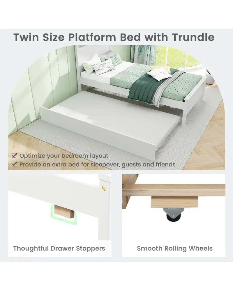 Twin Size Wooden Bed Frame with Trundle for Teens and Adults-White - White - Trundle Bed Frame