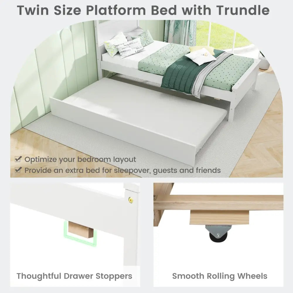 Twin Size Wooden Bed Frame with Trundle for Teens and Adults-White - White - Trundle Bed Frame