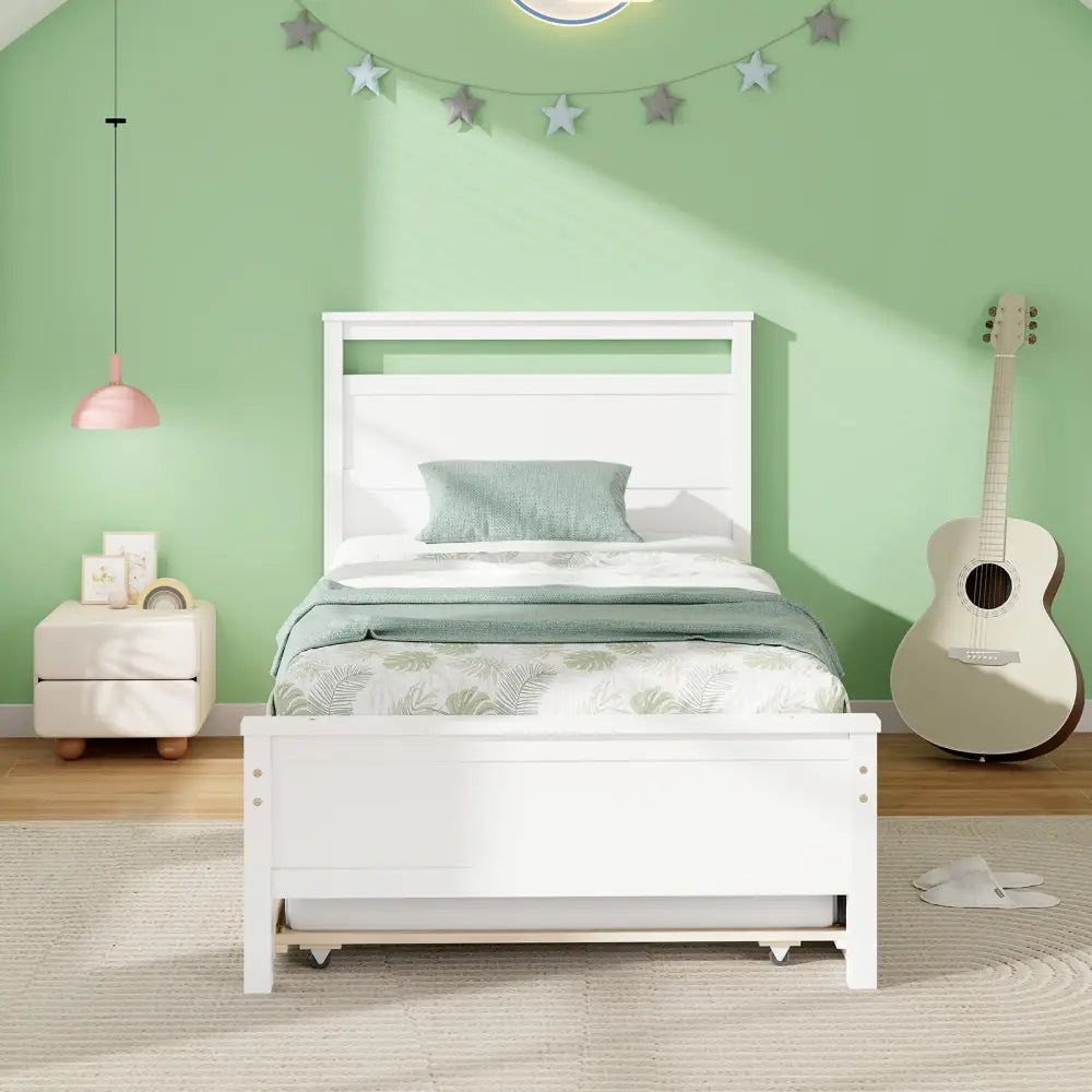 Twin Size Wooden Bed Frame with Trundle for Teens and Adults-White - White - Trundle Bed Frame