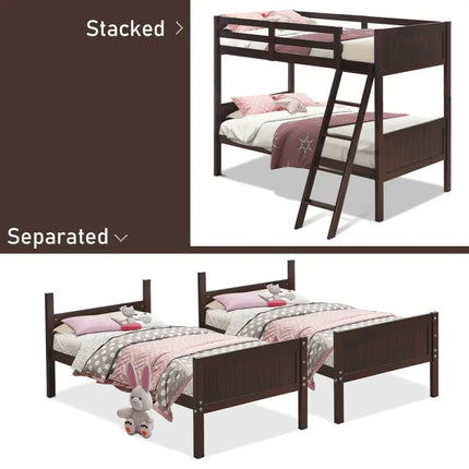 Twin Size Wooden Bunk Beds Convertible 2 Individual Beds-Brown - Brown - Bunk Bed Frame