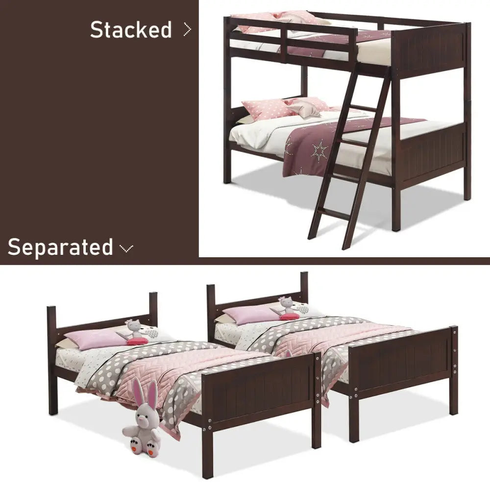 Twin Size Wooden Bunk Beds Convertible 2 Individual Beds-Brown - Brown - Bunk Bed Frame
