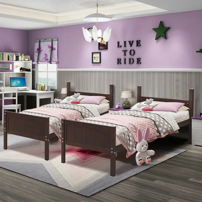 Twin Size Wooden Bunk Beds Convertible 2 Individual Beds-Brown - Brown - Bunk Bed Frame
