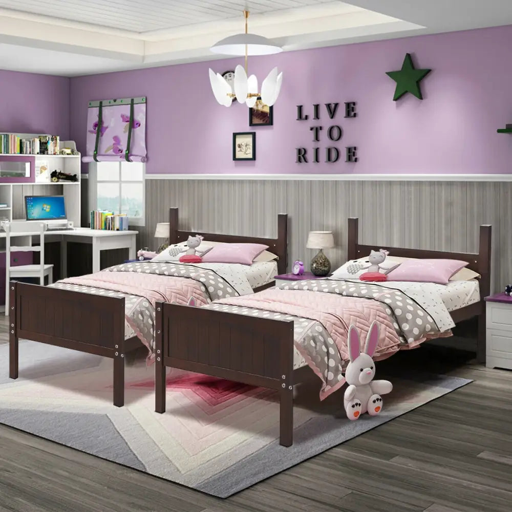 Twin Size Wooden Bunk Beds Convertible 2 Individual Beds-Brown - Brown - Bunk Bed Frame