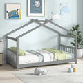 Twin Size Wooden House Bed with Roof-Gray - Gray - Simple Bed Frame
