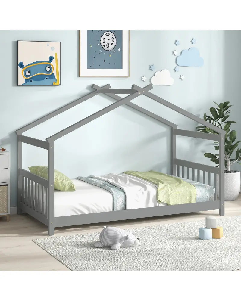 Twin Size Wooden House Bed with Roof-Gray - Gray - Simple Bed Frame