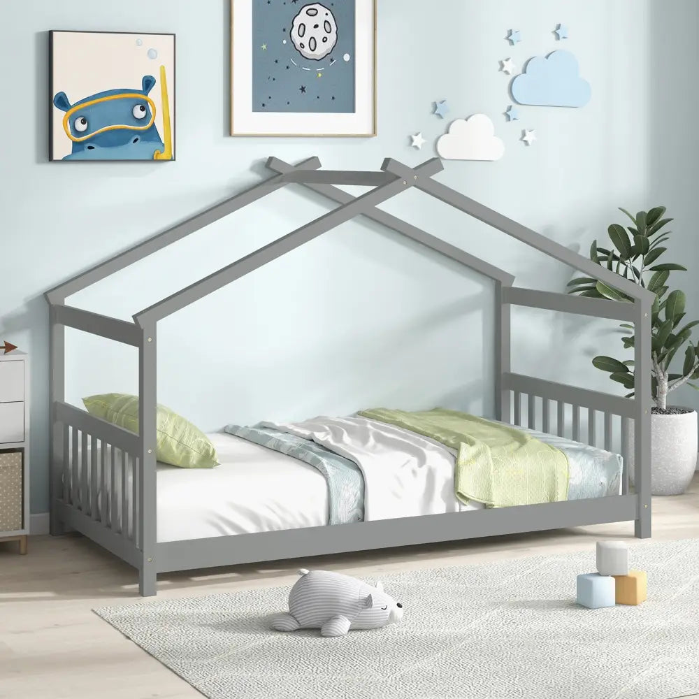 Twin Size Wooden House Bed with Roof-Gray - Gray - Simple Bed Frame