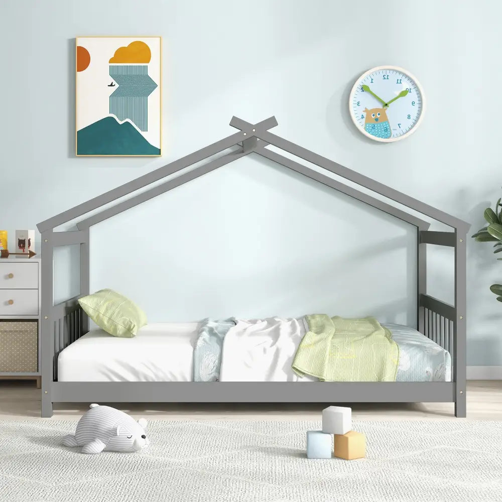 Twin Size Wooden House Bed with Roof-Gray - Gray - Simple Bed Frame