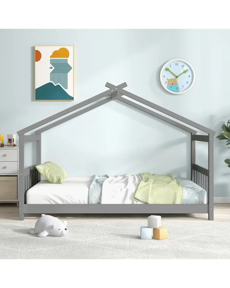 Twin Size Wooden House Bed with Roof-Gray - Gray - Simple Bed Frame