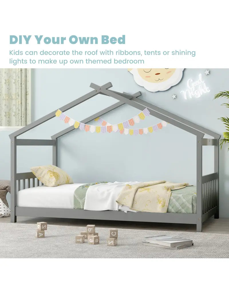 Twin Size Wooden House Bed with Roof-Gray - Gray - Simple Bed Frame