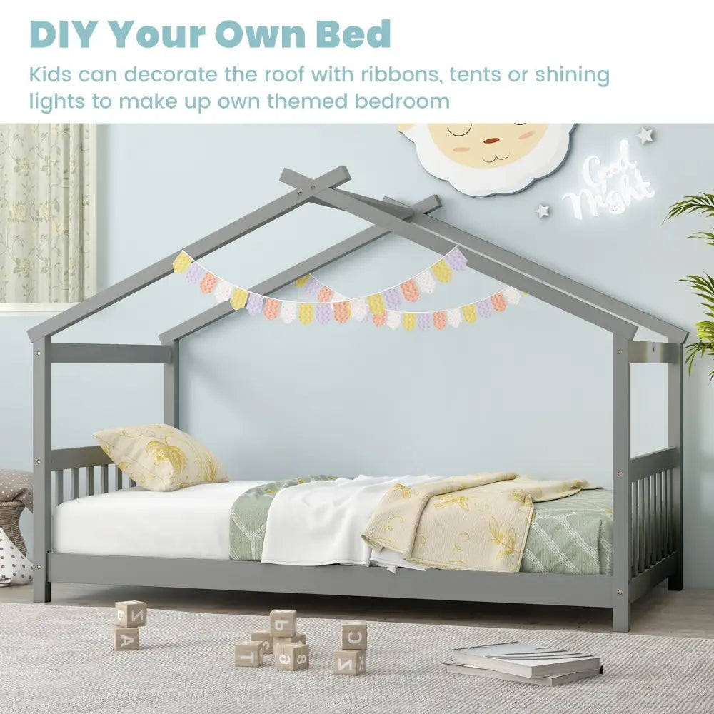 Twin Size Wooden House Bed with Roof-Gray - Gray - Simple Bed Frame