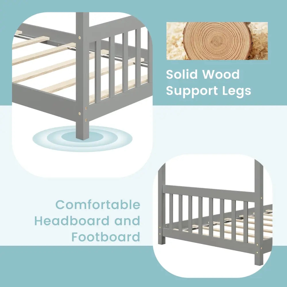Twin Size Wooden House Bed with Roof-Gray - Gray - Simple Bed Frame