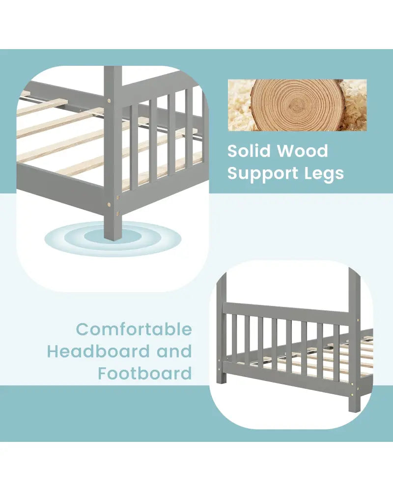 Twin Size Wooden House Bed with Roof-Gray - Gray - Simple Bed Frame